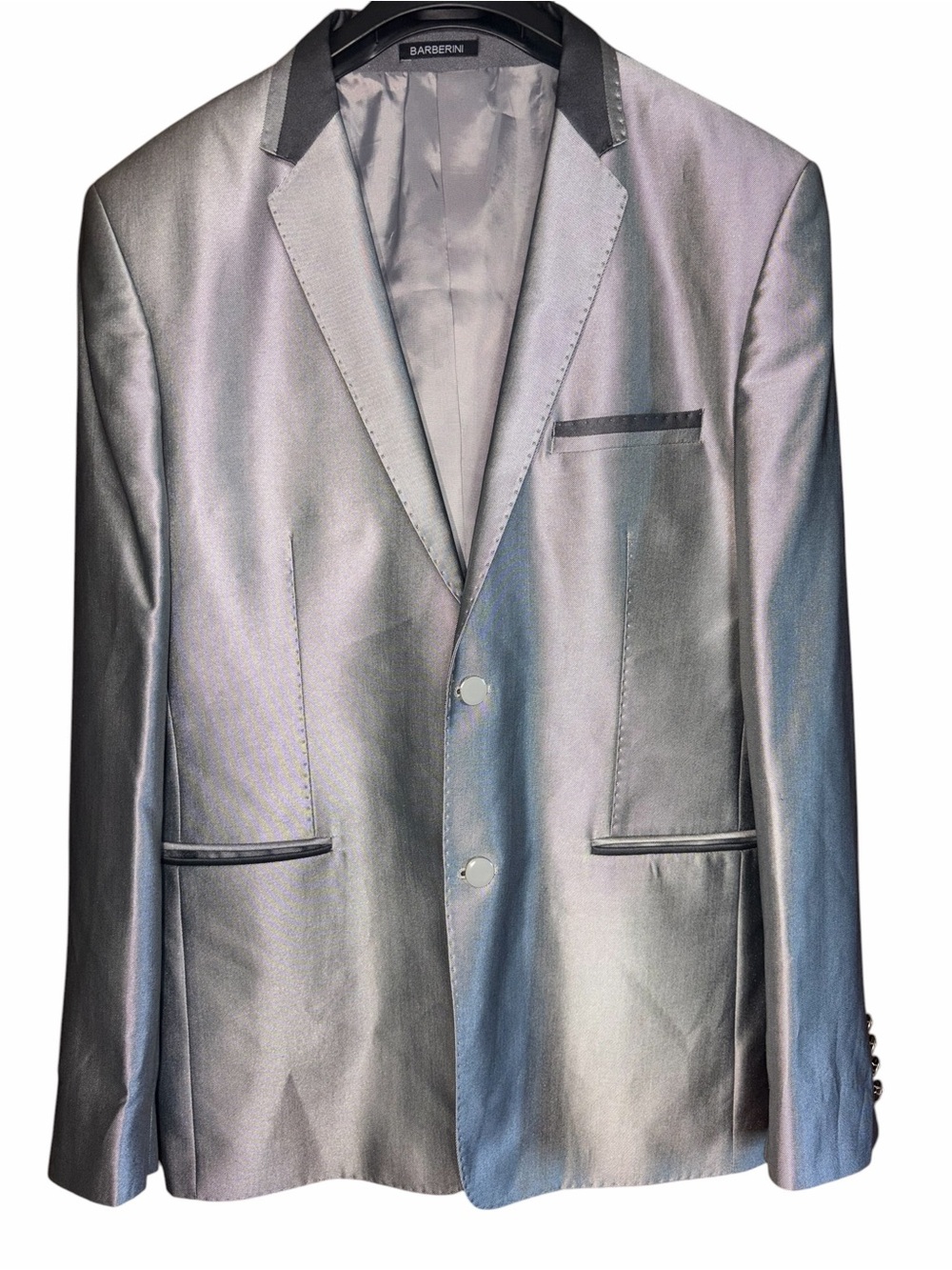 Barberini Metallic Silver Sharkskin Tuxedo Blazer Jacket Black Trim 48